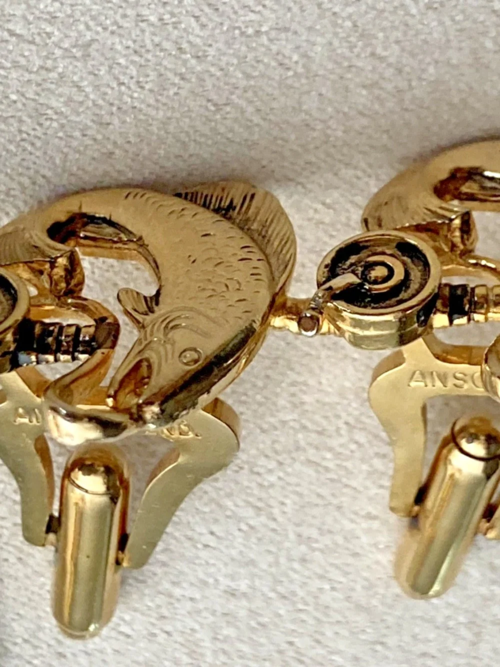 Vintage Anson Gold Tone Fish & Fishing Reel Cufflinks – PAT PEND – c. 1940s–1950